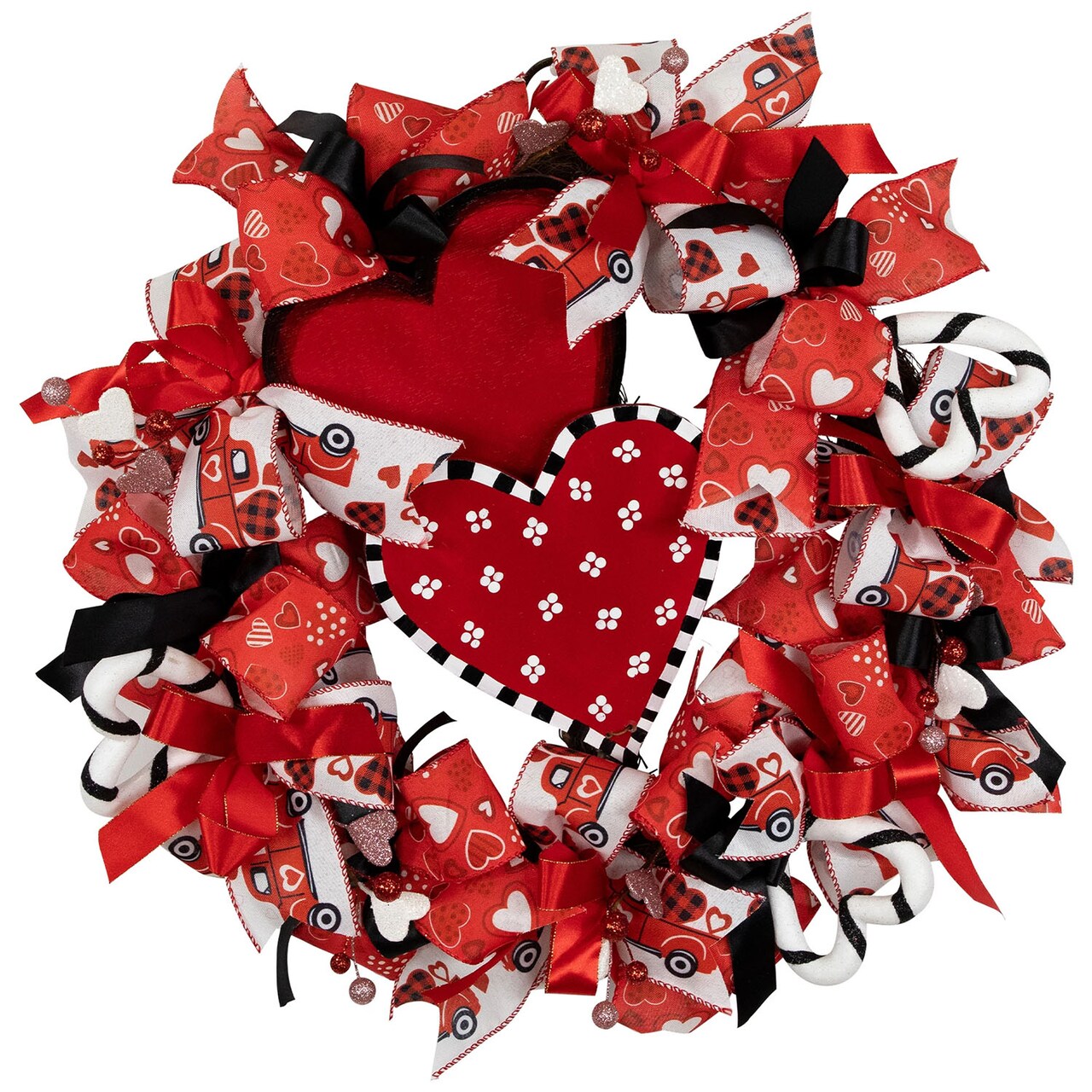 Ribbon and Twig Valentine's Day Wreath with Wooden Heart Accents 17 Inch